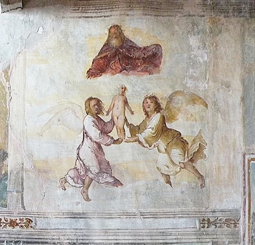 Il Romanino-174-Sant'Onofrio di Bovezzo (Bs), L'anima di Sant'Onofrio viene portata in cielo da due Angeli. E' la scena poù romaniniana